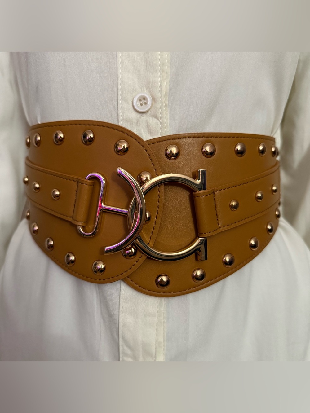 Camel wide PU studded leather elastic waistband belt